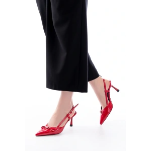 İNF-2300 Kırmızı Rugan Günlük Arkası Açık Fiyonklu Topuklu Bayan Ayakkabı