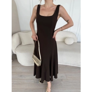 ırt Dekolteli Kolsuz Uzun Elbise  Kahverengi