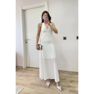 ırt Dekolteli Uzun Kollu Elbise  Beyaz