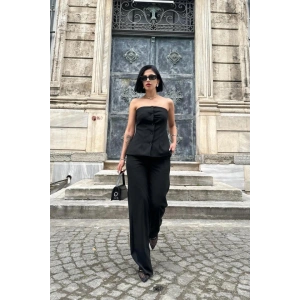Siyah Straplez Düğmeli Crop Ve Pantolon Takım