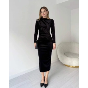 iyah Uzun Kollu Büzgü Detay Kadife Kumaş idi Boy Elbise