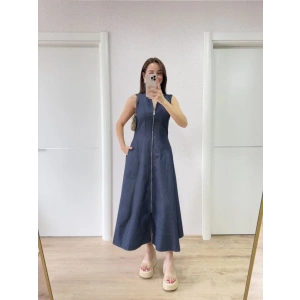 Jeans Kot Önü Tam Fermuarlı Uzun Elbise  avi