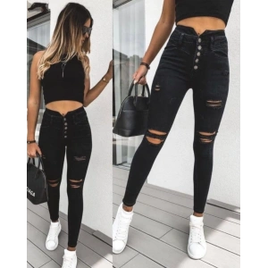 Kadın 5 Düğmeli V Detay Bel Yırtık Kot