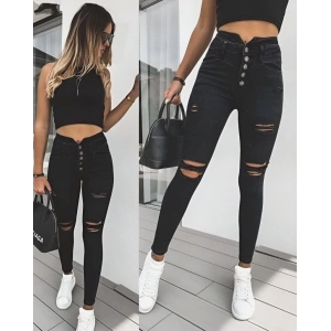 Kadın 5 Düğmeli V Detay Bel Yırtık Kot Pantolon