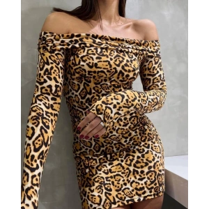 Kadın adonna endil Yaka Leopar Desen ini Elbise