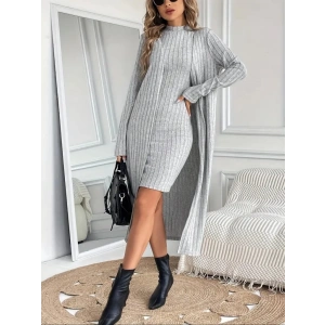 Kadın Askılı Balıkçı Yaka Kısa şardonlu Kaşkorse Elbise Ve Uzun Kollu Ceket Ikili Takım