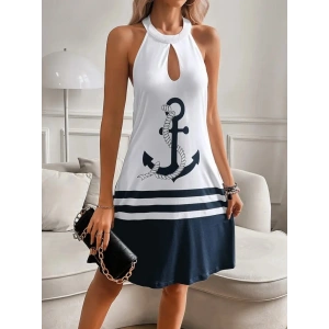 Kadın Askılı çıpa Baskılı Sırtı Açık Kısa Süprem Elbise