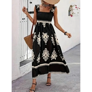 Kadın Askılı Kare Yaka Gipe Detaylı Desenli Suprem Elbise