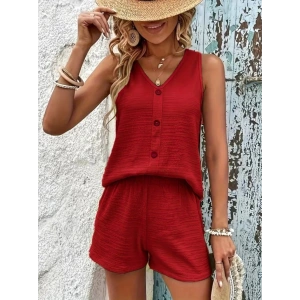 Kadın Askılı Kolsuz V Yakalı önden Düğmeli Bürümcük Bluz Ve Short Ikili Takım