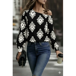 Kadın Askılı Uzun Kollu Omuzlardan Açık Desenli Mosskrep Bluz