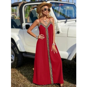 Kadın Askılı V Yakalı Etnik şerit Detaylı Uzun Viskon Elbise