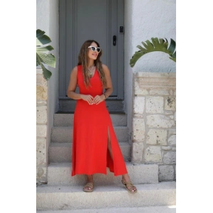 Kadın Askılı V Yakalı Yırtmaçlı Viskon Elbise