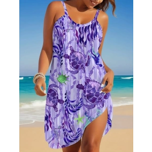 Kadın Askılı Yuvarlak Yaka Kaplumbağa Desenli Süprem Elbise