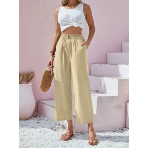 Kadın Bel Büzgü Ve Düğme Detay Kısa Geniş Paça Keten Pantolon