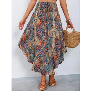 Kadın Beli Lastikli Bağcıklı Asimetrik Kesim Detaylı Desenli Bürümcük Etek