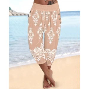 Kadın Beli Lastikli Etnik Desenli Kapri Süprem Pantolon
