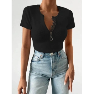 Kadın Beyaz Yaka Dantel Ve Fermuarlı Kaşkorse Bluz