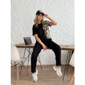 Kadın Bisiklet Yaka Kısa Kol Leopar Desen Bluz Ve Pantolon Ikili Takım