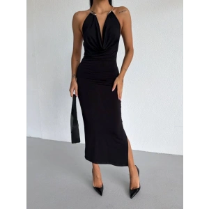 Kadın Boyun Aksesuarlı Halter Yaka axi Boy andy Kumaş Elbise