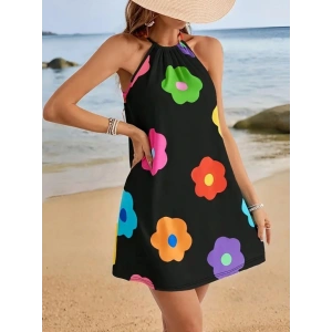 Kadın Boyundan Askılı Kolsuz çiçek Desenli Süprem Elbise