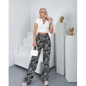 Kadın Desenli Dokuma Viskon Kumaş Cepli Bol Paça Pantolon