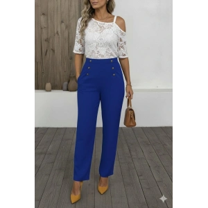 Kadın Düğme Detay Bol Paça Ithal Krep Pantolon