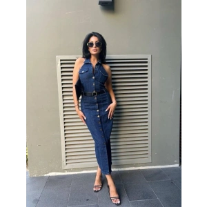 Kadın Düğme Detaylı Belden Kemerli ırt Dekolte Kot Elbise