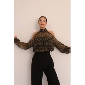 Kadın Halter Yaka Full Transparan Omuz Dekolteli Bluz