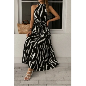 Kadın Halter Yakalı Omuzlardan Açık Kuşaklı Maksi Boy Desenli Süprem Elbise