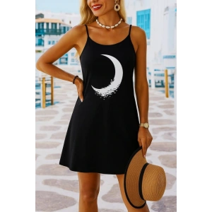 Kadın Ip Askılı Ay Desenli Viskon Elbise