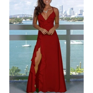 Kadın Ip Askılı Dekolteli Yırtmaç Detay Krep Elbise