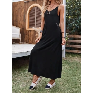 Kadın Ip Askılı Derin Geniş V Yakalı Uzun Viskon Elbise
