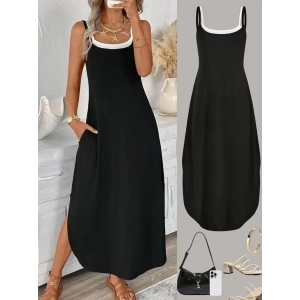 Kadın Ip Askılı Yuvarlak Yakalı Cepli Uzun Viskon Elbise