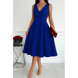 Kadın Ithal Krep Kumaş Kruvaze Yaka Eteği Kloş Kolsuz Mini Elbise