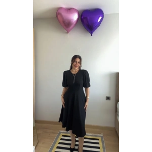 Kadın Kısa Balon Kollu Bisiklet Yaka Kiloş Janjan Krep Elbise