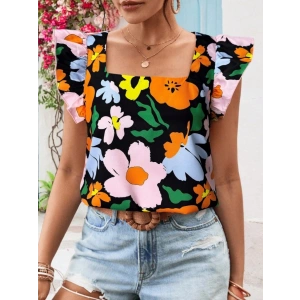 Kadın Kısa Fırfır Kollu Kare Yaka çiçek Desenli Ithal Keten Bluz
