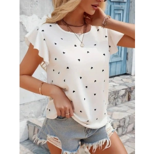 Kadın Kısa Kelebek Kollu Bisiklet Yaka Kalp Desenli Süprem Bluz