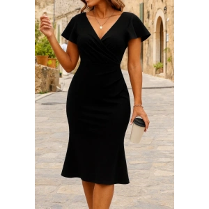 Kadın Kısa Kelebek Kollu Kruvaze Yaka Ithal Krep Midi Elbise