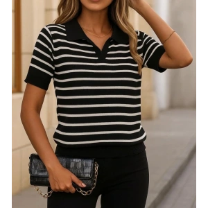 Kadın Kısa Kol Polo Yaka çizgi Desen Triko Bluz