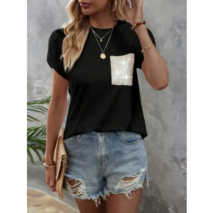 Kadın Kısa Kollu Bisiklet Yaka Cep Pul Payet Detay Viskon Bluz