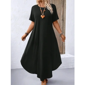 Kadın Kısa Kollu Bisiklet Yaka Cepli Salaş Viskon Elbise