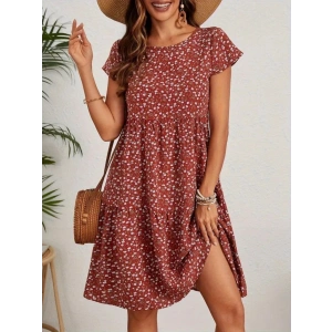 Kadın Kısa Kollu Bisiklet Yaka çiçek Desenli Süprem Elbise