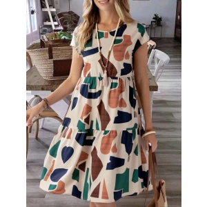 Kadın Kısa Kollu Bisiklet Yaka Desenli Fırfırlı Süprem Elbise