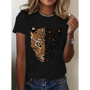 Kadın Kısa Kollu Bisiklet Yaka Desenli Viskon Bluz