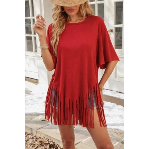 Kadın Kısa Kollu Bisiklet Yaka Püsküllü Viskon Bluz