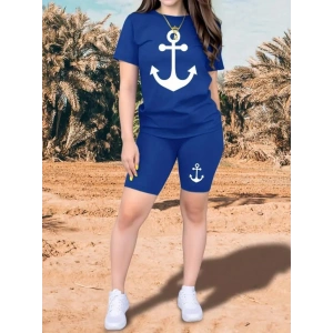 Kadın Kısa Kollu çapa Baskılı Viskon Ikili Takım