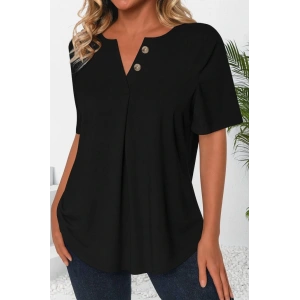 Kadın Kısa Kollu çentikli V Düğme Detaylı V Yaka önden Pileli Ithal Keten Bluz