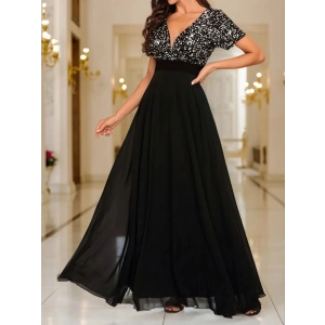 Kadın Kısa Kollu Derin V Yakalı A Kesim Pulpayet Detaylı şifon Nedime Elbisesi