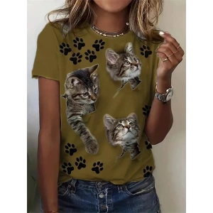 Kadın Kısa Kollu Kedi Ve Pati Baskılı Süprem Tshirt