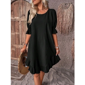 Kadın Kısa Kollu Kol Ve Eteği Volanlı Bisiklet Yaka Aerobin Elbise